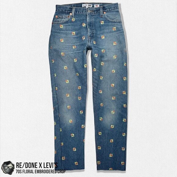 RE/DONE X LEVI’S 70s FLORAL EMBROIDERED RECONSTRUCTED VINTAGE JEANS CROPPED 26 - Picture 4 of 15
